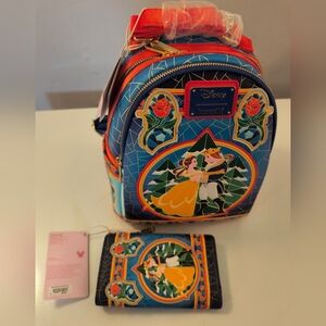 Loungefly Belle Glass Window Disney Blue and Red Backpack And Wallet